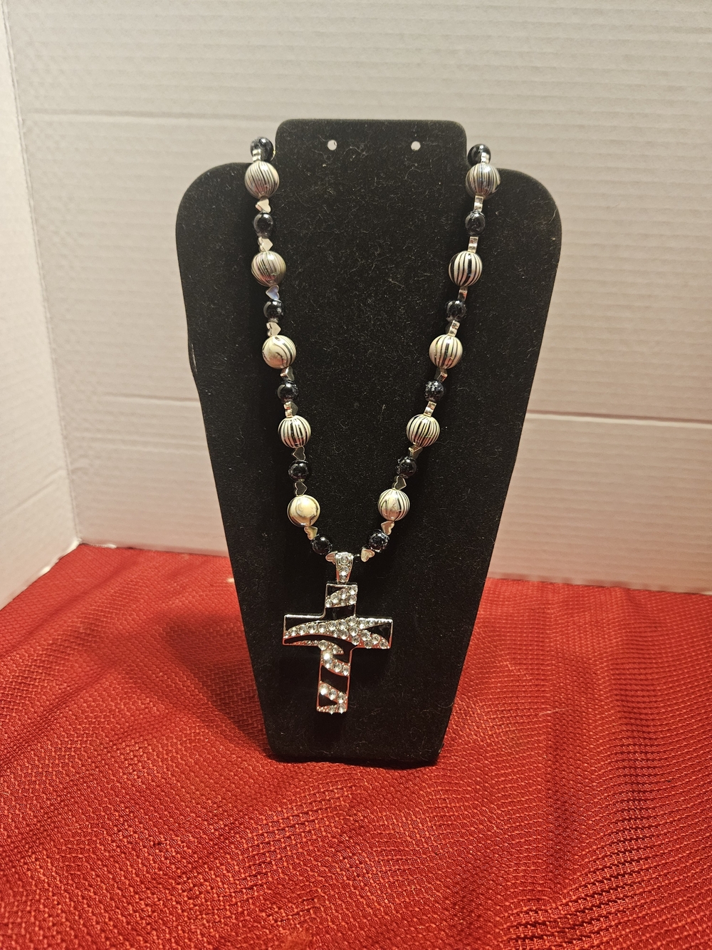 Rhinestone Cross Pendant Necklace with Black and Silver Beads
